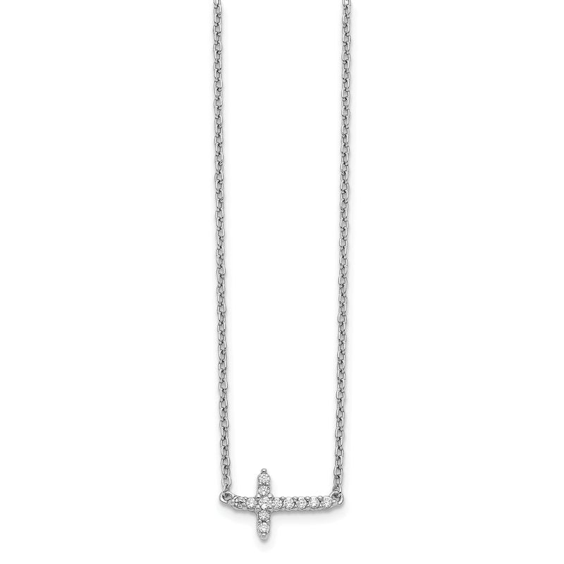 14k White Gold 1/10 carat Diamond Sideways Cross 18 inch Necklace