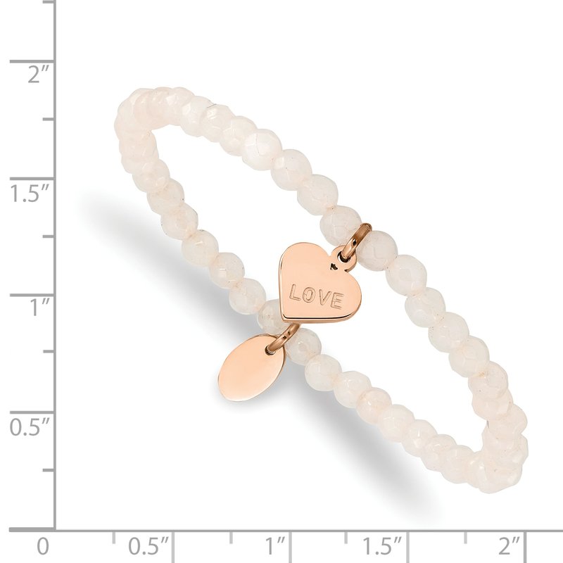 Stainless Steel Polished Rose IP-plated LOVE Heart 4mm Jade Beaded Stretch Bracelet