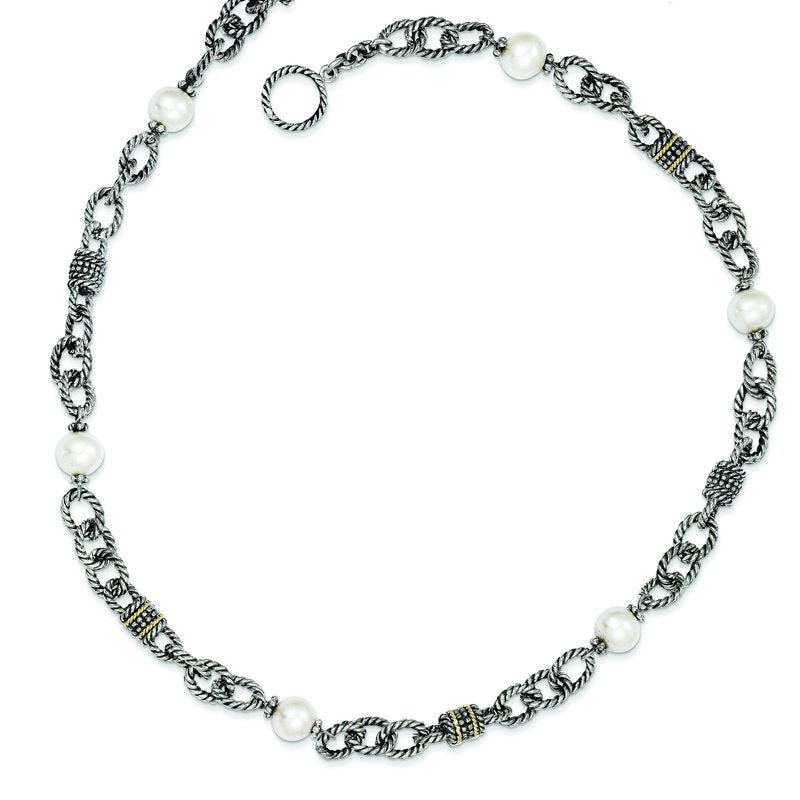 Sterling Silver with 14K Accent 18.5 Inch Antiqued 8-8.5mm Freshwater Cultured Pearl Necklace