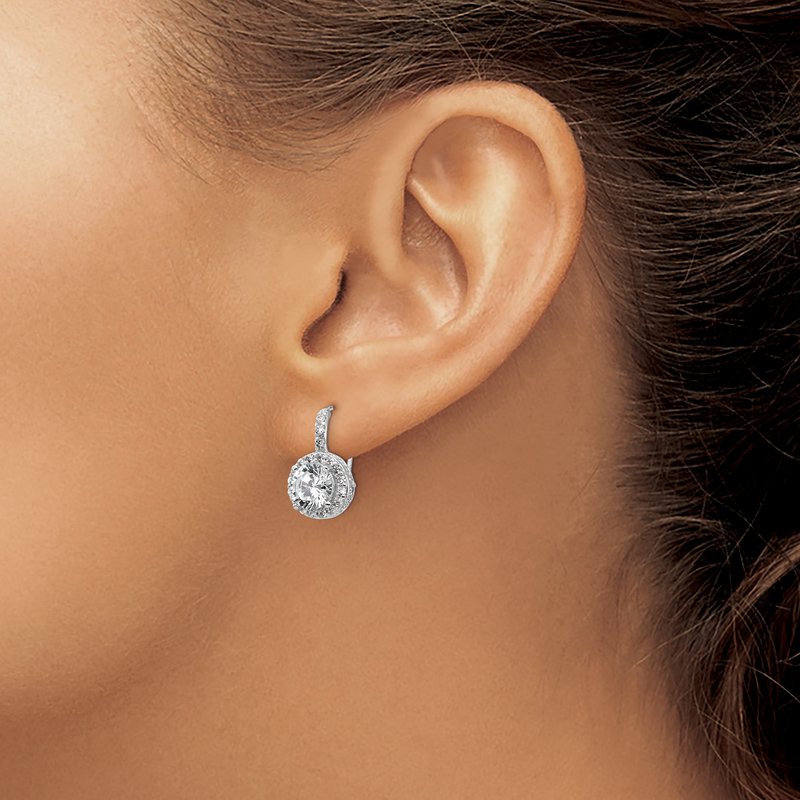 Sterling Silver Rhodium-plated Brilliant-cut Round CZ Halo Kidney Wire Dangle Earrings