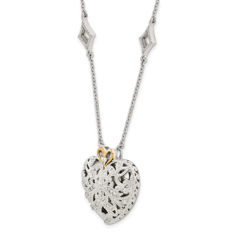 Sterling Silver Rhodium-plated with 14K Accent 18 Inch Diamond Vintage Heart Necklace