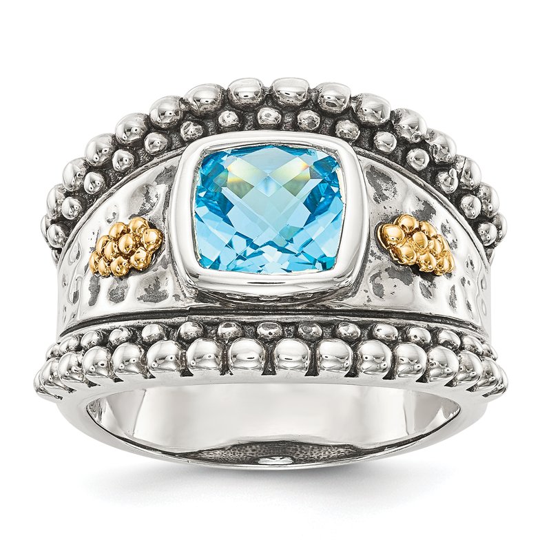 Sterling Silver with 14K Accent Antiqued Checkerboard Bezel Blue Topaz Ring