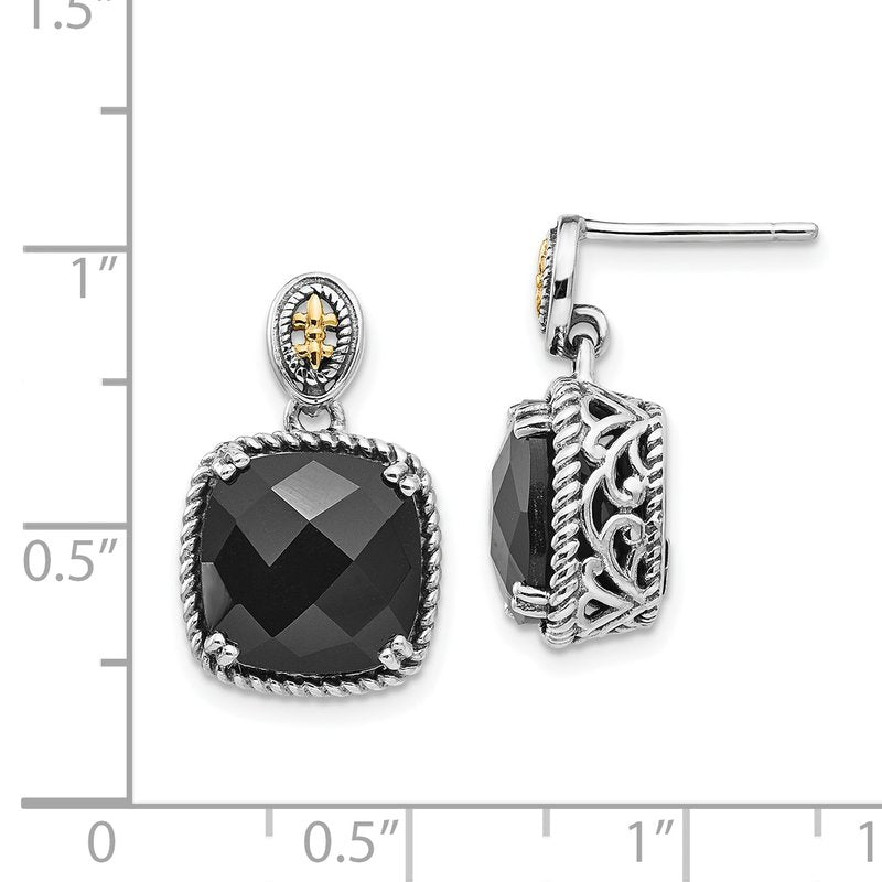 Sterling Silver with 14K Accent Antiqued Checkerboard-cut Black Onyx Dangle Post Earrings