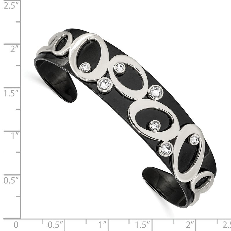 Stainless Steel Polished Black IP-plated with Crystals Cuff Bangle