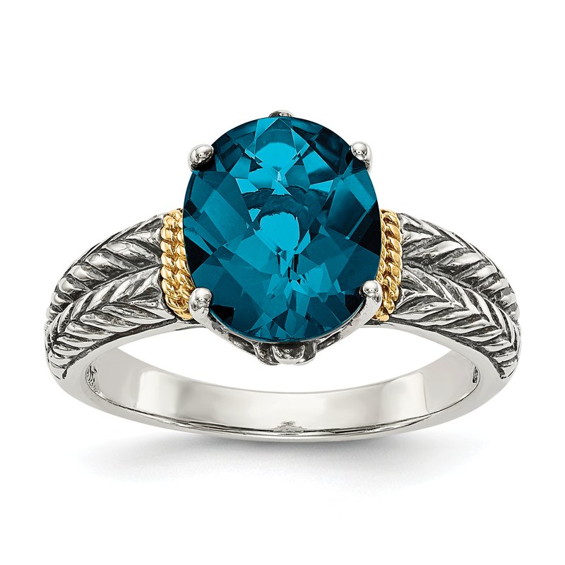 Sterling Silver with 14K Accent Antiqued Oval London Blue Topaz Ring