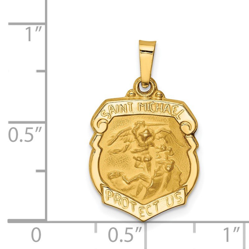 14k Polished and Satin Hollow Small St Michael Medal Badge Pendant
