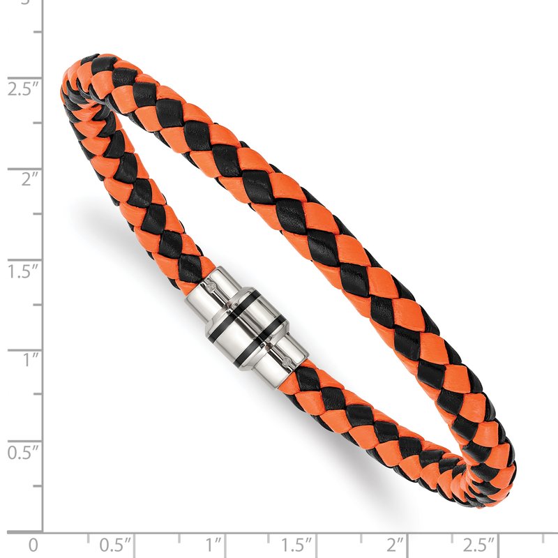Stainless Steel Polished Black IP-plated Black and Orange Braided Leather 9 inch Bracelet