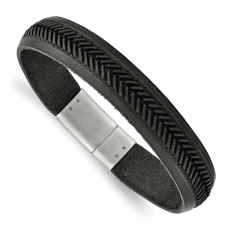 Stainless Steel Polished Textured Black Italian Leather 8.75 inch Bracelet