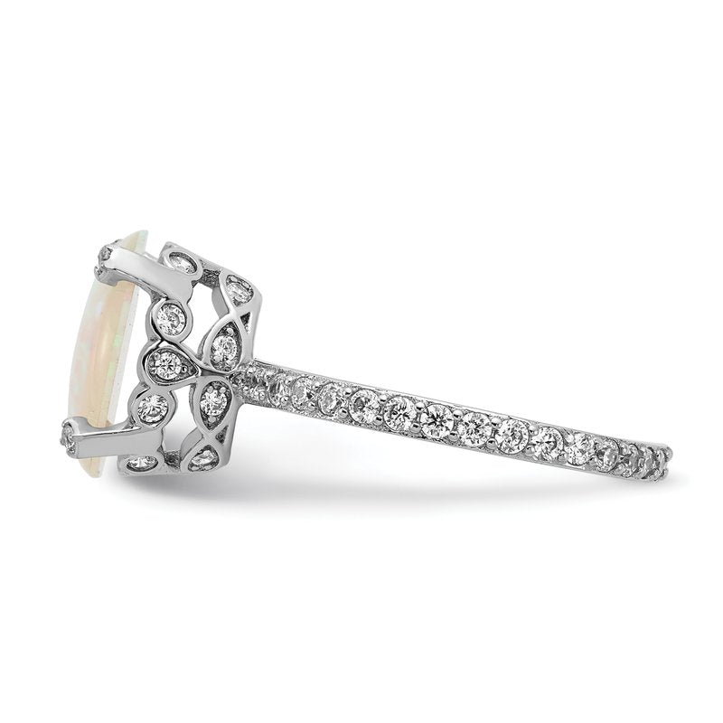 Sterling Silver Rhodium-plated Cabochon Lab Created Opal and Brilliant-cut CZ Oval with Side Stones Ring