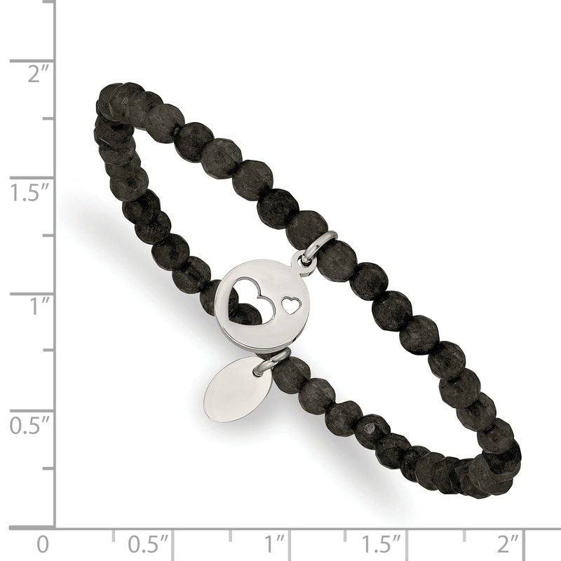 Stainless Steel Polished Hearts 4mm Black Jade Beaded Stretch Bracelet