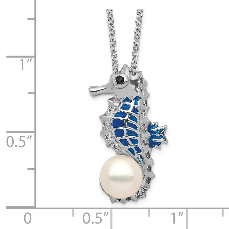 Sterling Silver Rhodium-plated Enameled Freshwater Cultured Pearl and Brilliant-cut CZ Seahorse 18 Inch Necklace