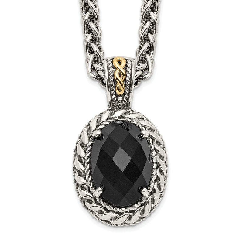 Sterling Silver with 14K Accent 18 Inch Antiqued Checkerboard-cut Black Onyx Necklace