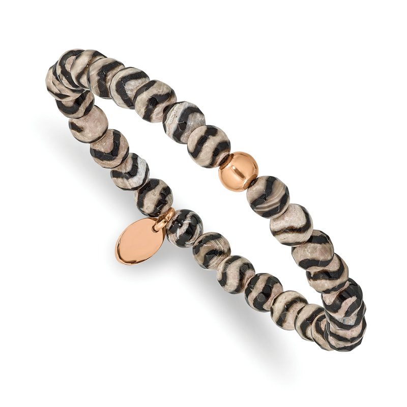 Stainless Steel Polished Rose IP-plated 6mm Black and White Striped Agate Beaded Stretch Bracelet