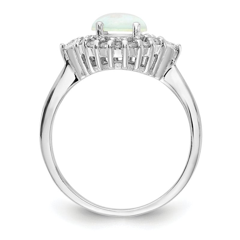 Sterling Silver Rhodium-plated Cabochon Lab Created Opal and Brilliant-cut CZ Ring