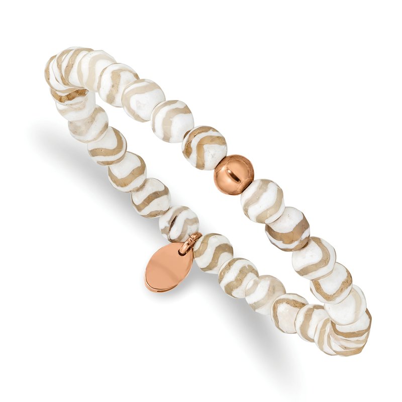 Stainless Steel Polished Rose IP-plated 6mm White Wave Agate Beaded Stretch Bracelet