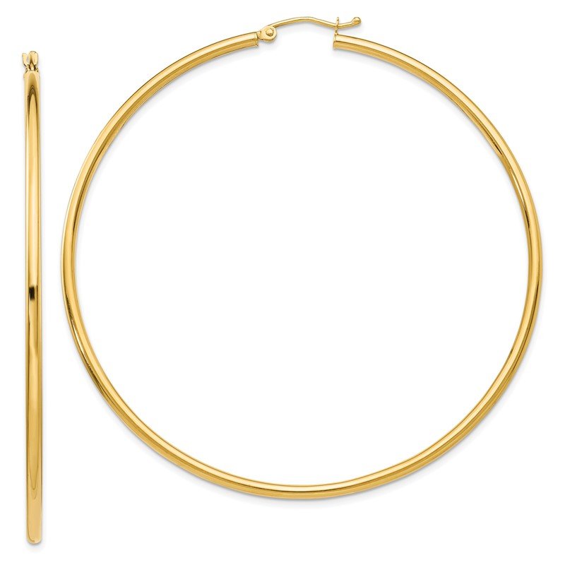 14K 2.5x65mm Polished Lightweight Tube Hoop Earrings