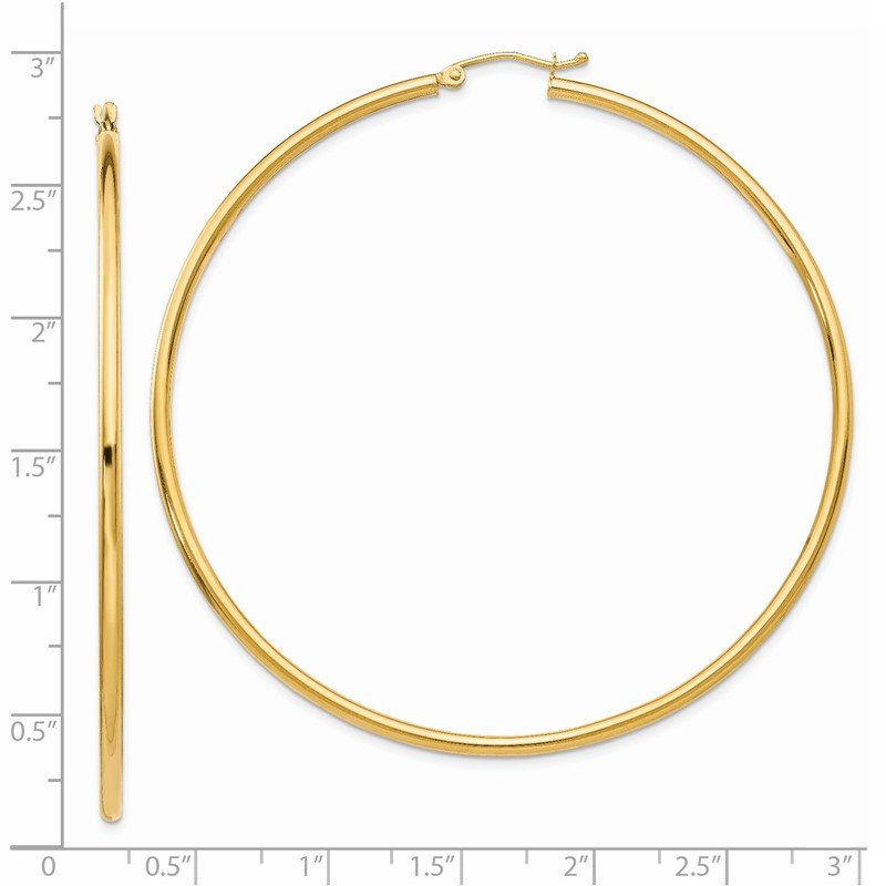 14K 2.5x65mm Polished Lightweight Tube Hoop Earrings