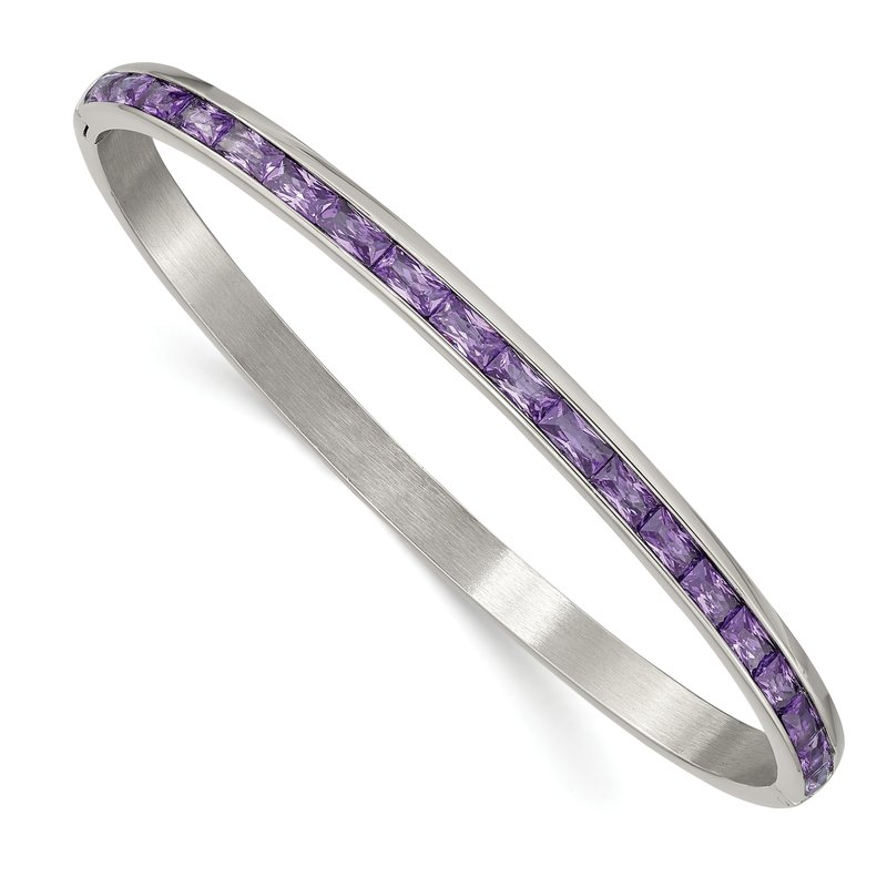 Stainless Steel Polished Purple CZ 5mm Hinged Bangle