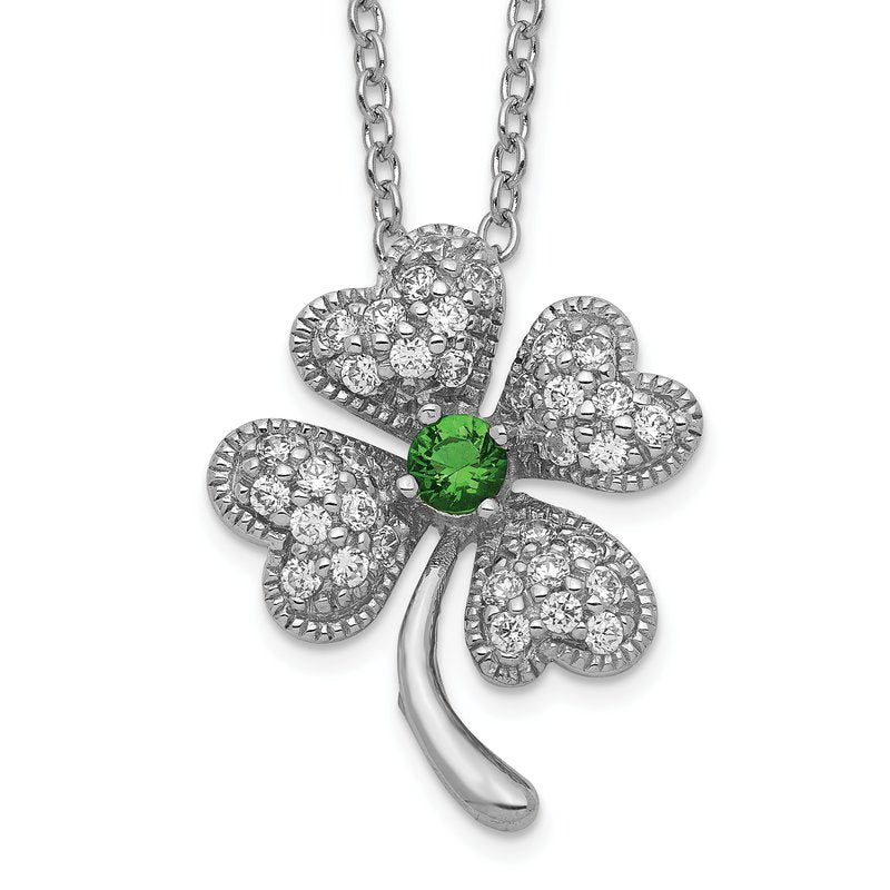 Sterling Silver Rhodium-plated Brilliant-cut Green Glass and Brilliant-cut White CZ Four Leaf Clover 18 Inch Necklace