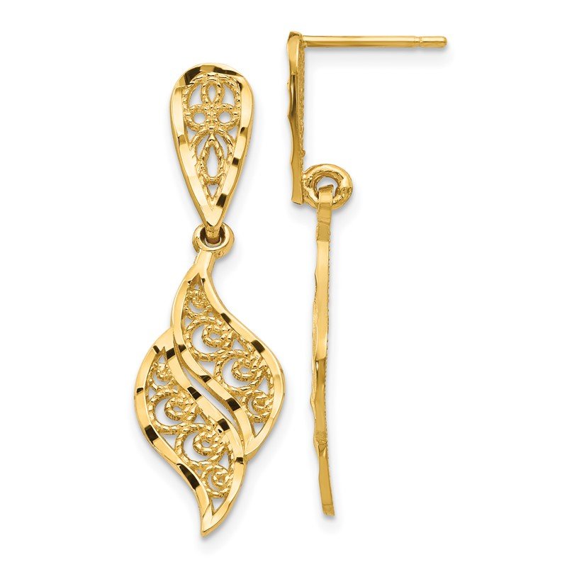 14k Polished &amp; Diamond-Cut Filigree Swirl Dangle Post Earrings