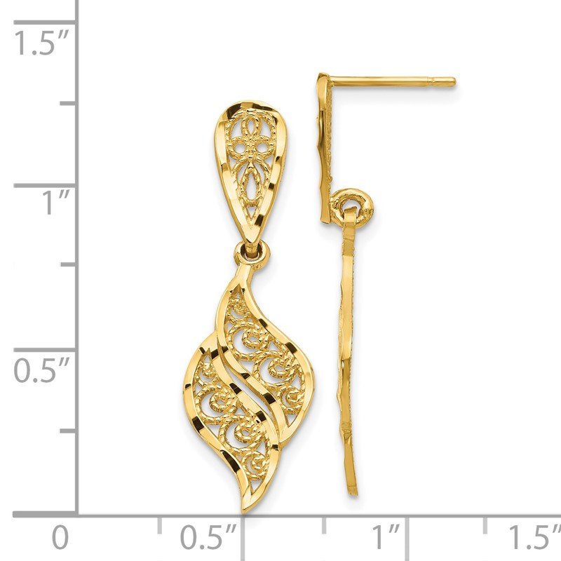 14k Polished &amp; Diamond-Cut Filigree Swirl Dangle Post Earrings