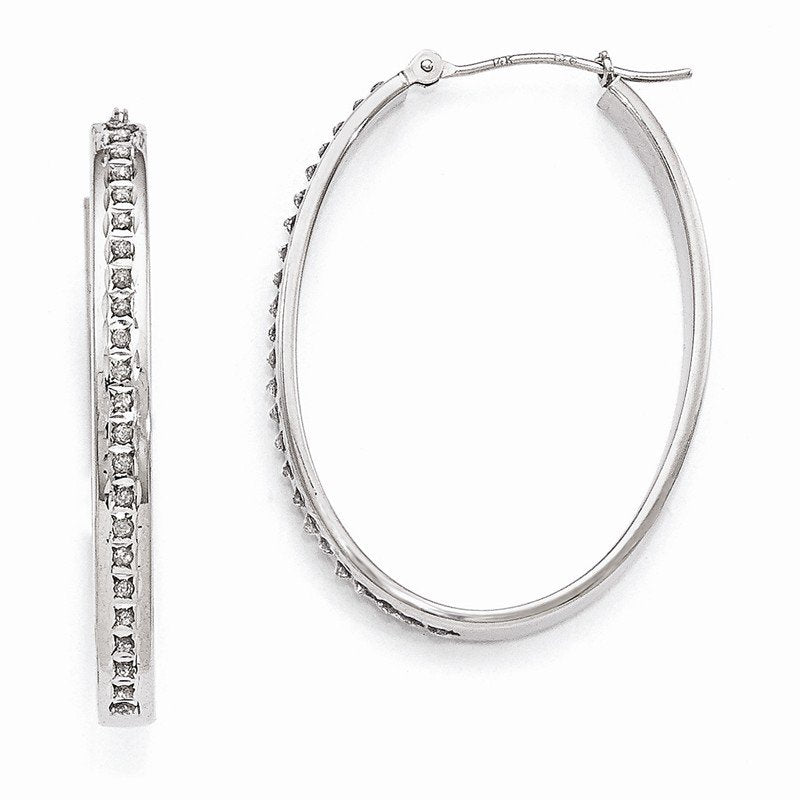 14k White Gold Diamond Fascination Oval Hinged Hoop Earrings