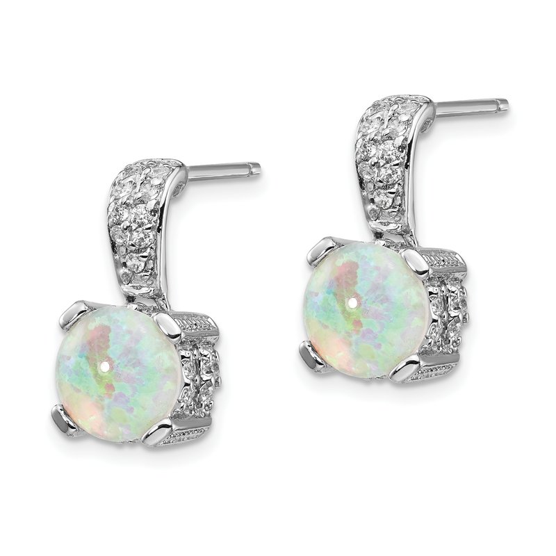 Sterling Silver Rhodium-plated 8mm Cabochon Lab Created Opal and Brilliant-cut CZ Post Dangle Earrings