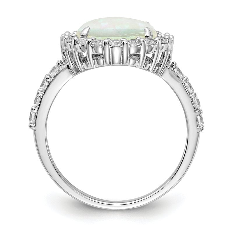 Sterling Silver Rhodium-plated Cabochon Lab Created Opal and Brilliant-cut CZ Halo Ring