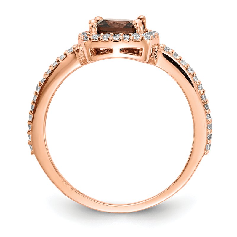 Sterling Silver Rose Gold-plated Cocoa Cushion-cut and White Brilliant-cut CZ Halo Ring