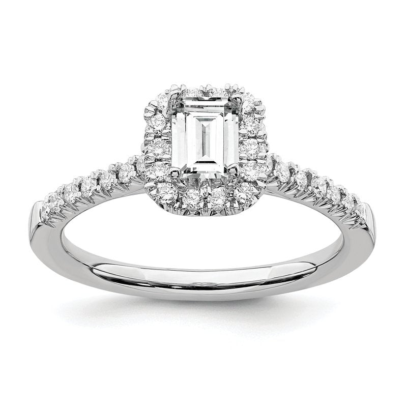 14K White Gold 1/4 carat Lab Grown Diamond VS+ F+ Semi-Mount Emerald Halo Engagement Ring