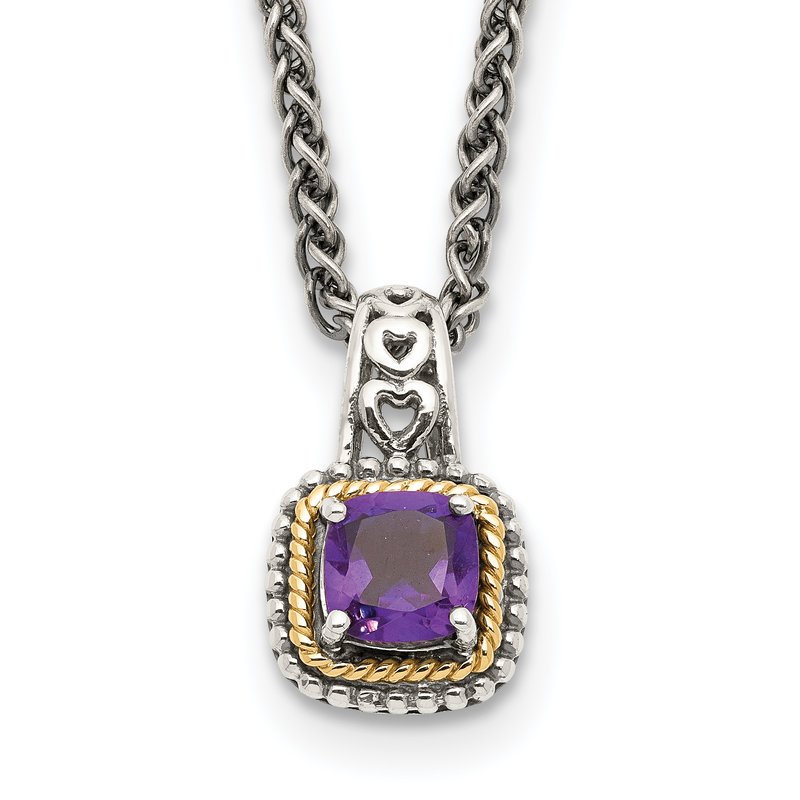 Sterling Silver with 14K Accent 18 Inch Antiqued Cushion Amethyst Necklace