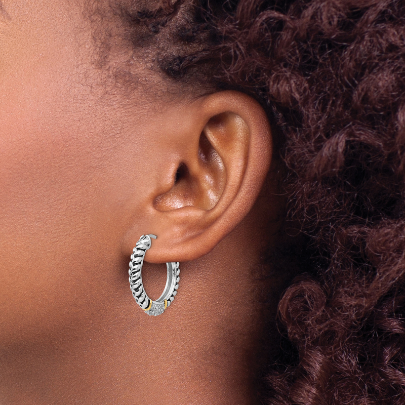 Sterling Silver with 14K Accent Antiqued Diamond Hoop Earrings