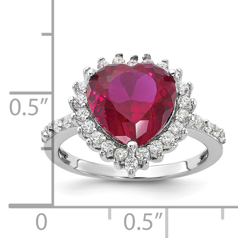 Sterling Silver Rhodium-plated 100 Facet Lab Created Ruby and Brilliant-cut White CZ Heart Halo Ring