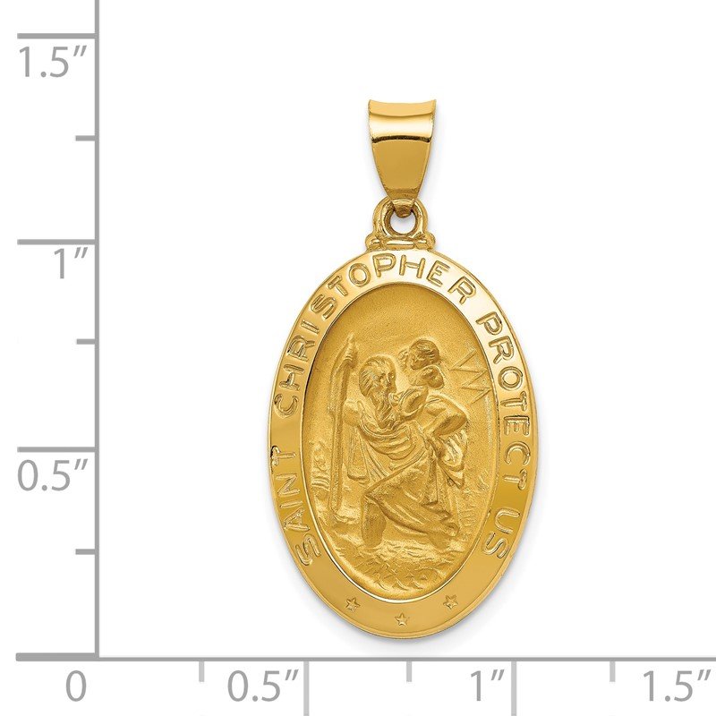 14k Polished and Satin Hollow St Christopher Medal Oval Pendant