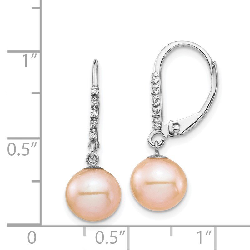 14k White Gold 8-9mm Pink Round Freshwater Cultured Pearl and .05 Carat Diamond Dangle Leverback Earrings