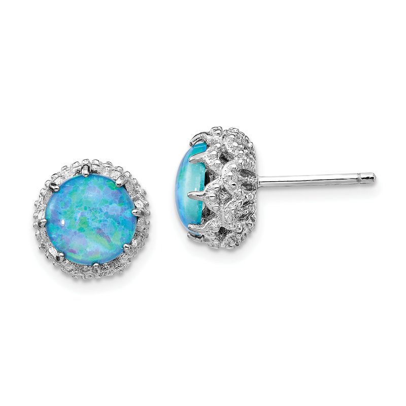 Sterling Silver Rhodium-plated Cabochon Lab Created Blue Opal and Brilliant-cut CZ Post Earrings