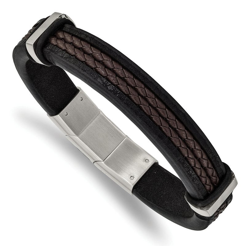 Stainless Steel Polished Black and Brown Braided Leather 8 inch Bracelet with .5 inch Extension