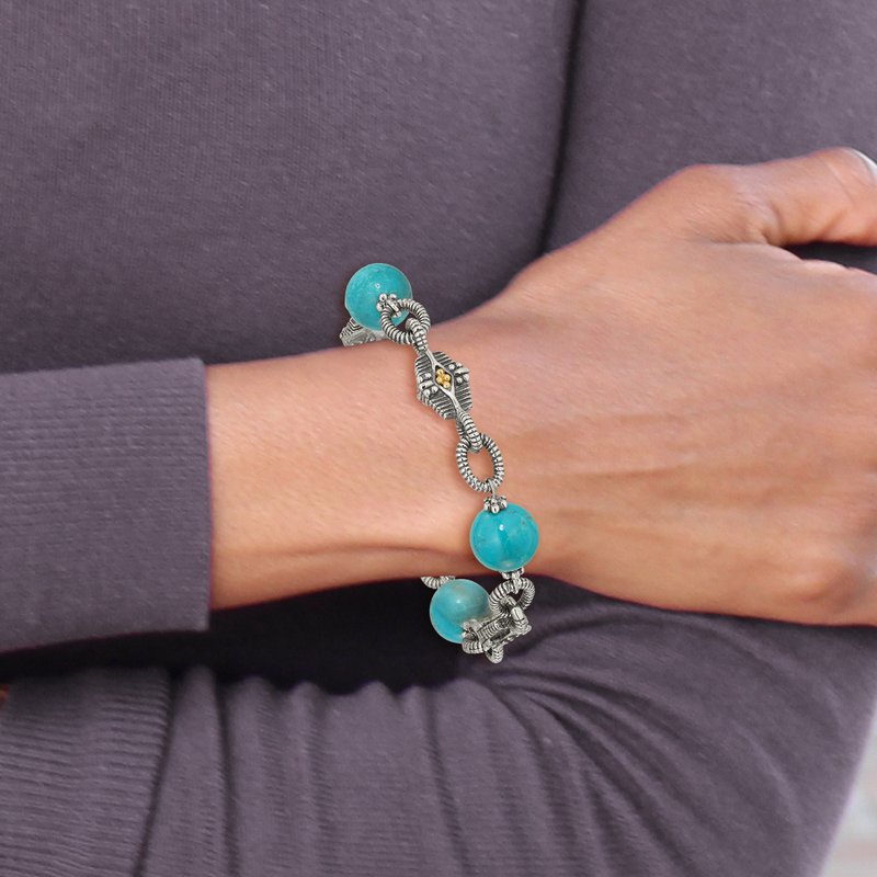 Sterling Silver with 14K Accent 7.25 Inch Antiqued Reconstructed Turquoise Bracelet
