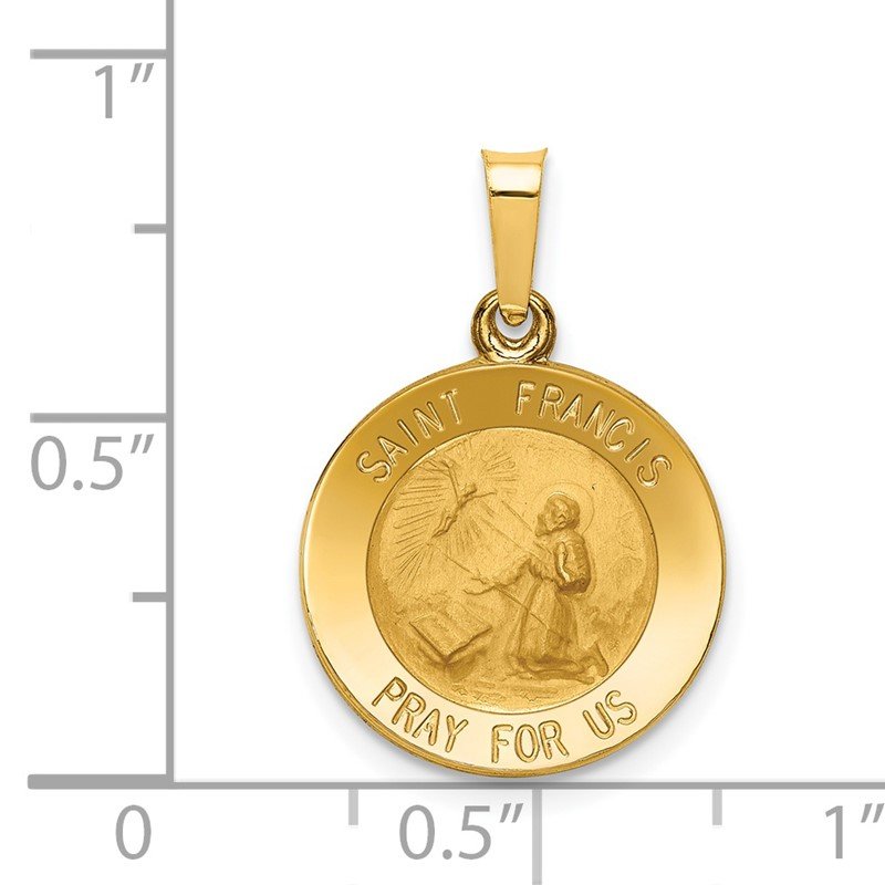 14k Polished and Satin Hollow St Francis Medal Round Pendant