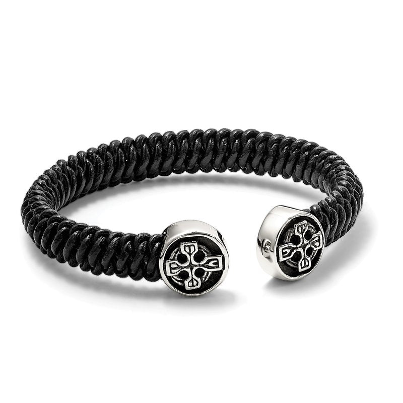 Stainless Steel Antiqued and Polished Black Leather Celtic Cross Cuff Bangle