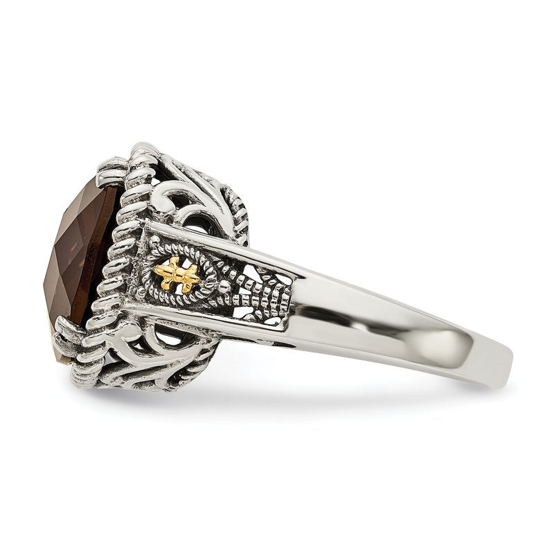 Sterling Silver with 14K Accent Antiqued Cushion Checkerboard Smoky Quartz Ring