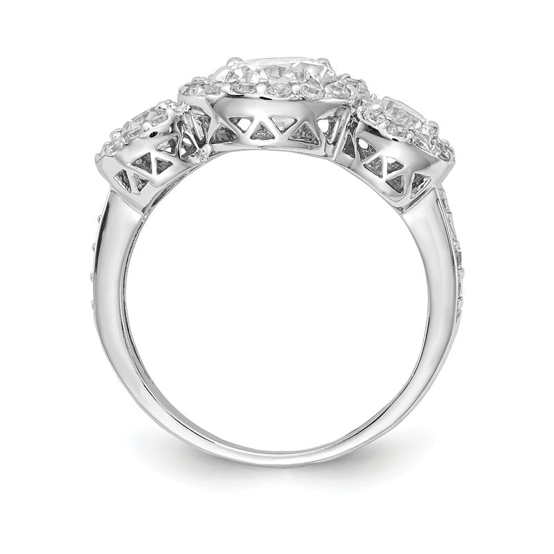 Sterling Silver Rhodium-plated Brilliant-cut CZ Three Stone Halo Ring
