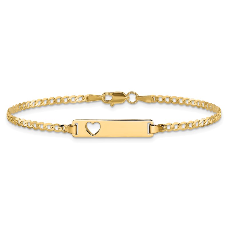 14k Polished Solid Chain/Solid Plate Curb Link Cut-out Heart 20x5mm Plate 7 inch ID Bracelet