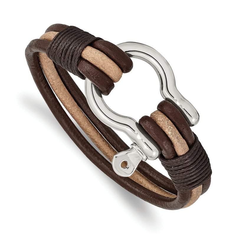 Stainless Steel Polished Shackle Multi Strand Dark Brown and Tan Leather 8.25 inch Bracelet