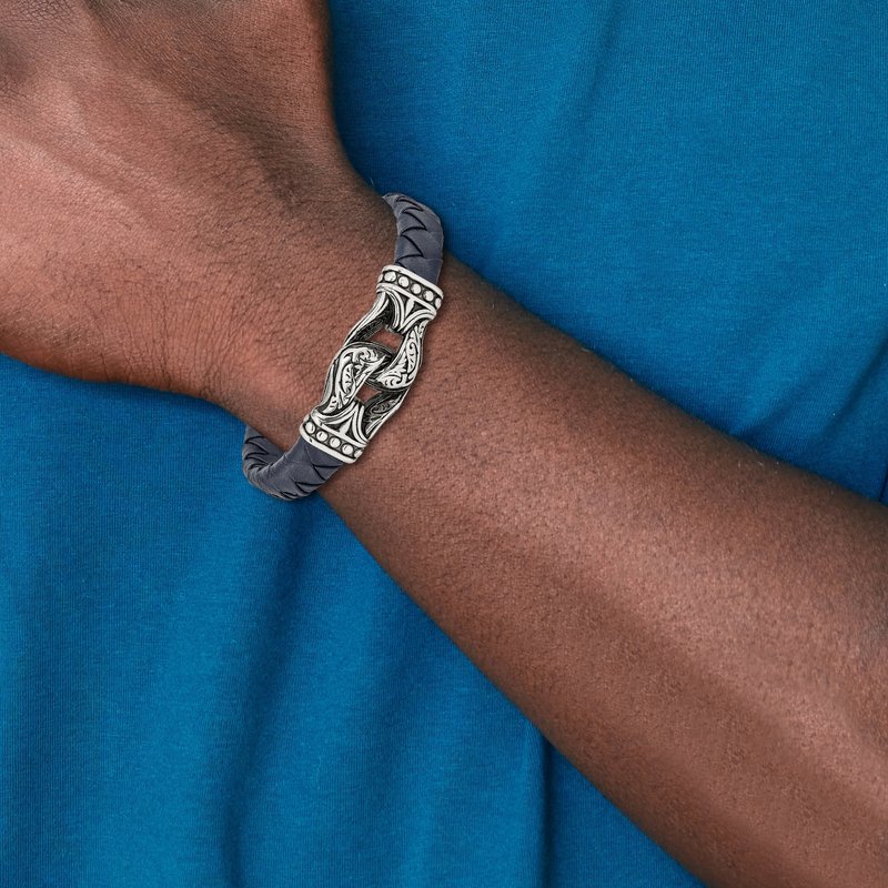 Stainless Steel Antiqued and Polished Blue Woven Leather 8.75 inch Bracelet