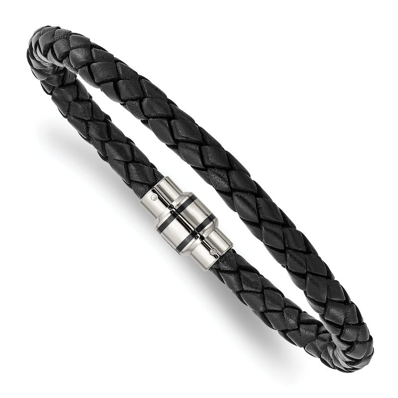 Stainless Steel Polished Black IP-plated Black Braided Leather 9 inch Bracelet