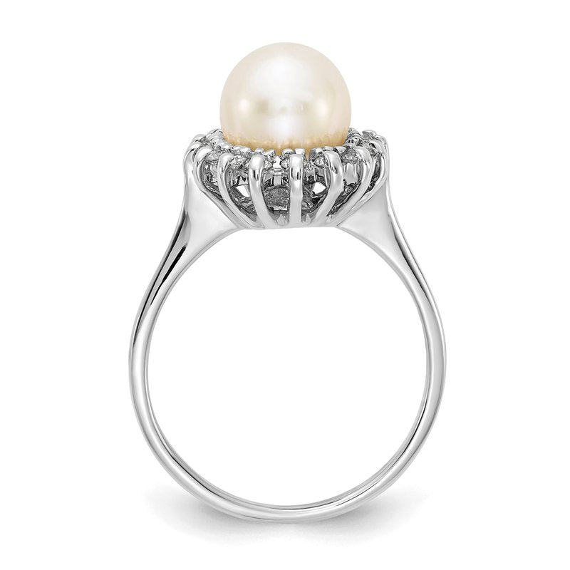 14k White Gold 7.5mm FW Cultured Pearl AA Diamond Ring
