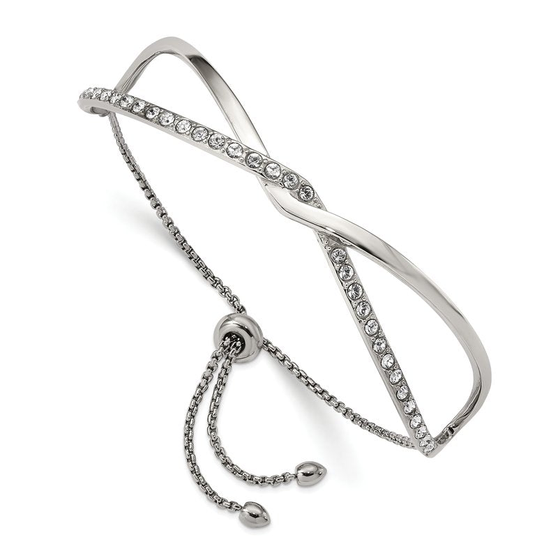 Stainless Steel Polished with Crystals Twised Adjustable Bangle Bracelet