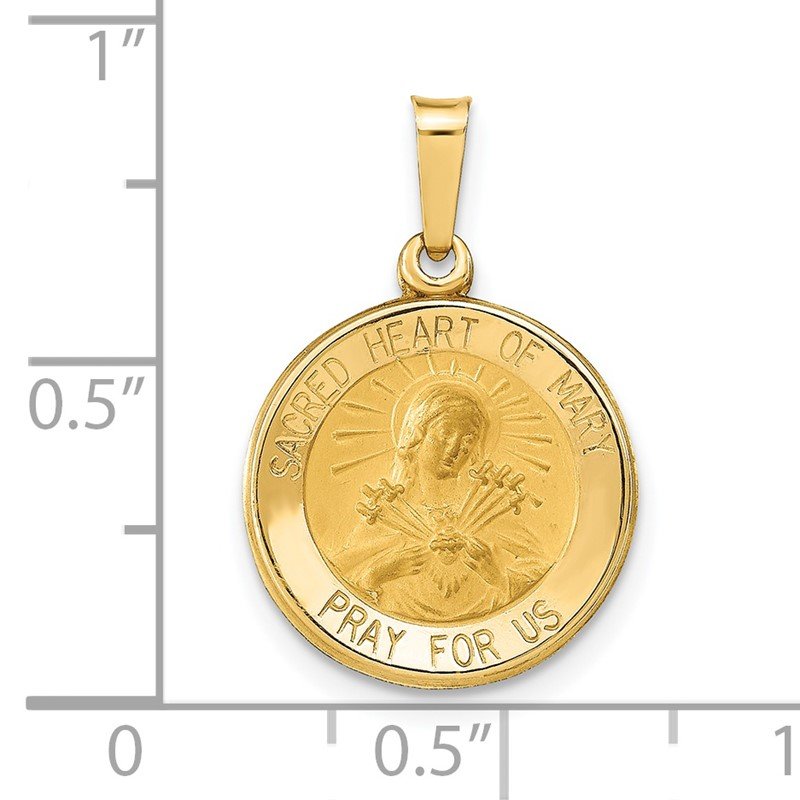 14k Polished and Satin Hollow Sacred Heart of Mary Medal Round Pendant