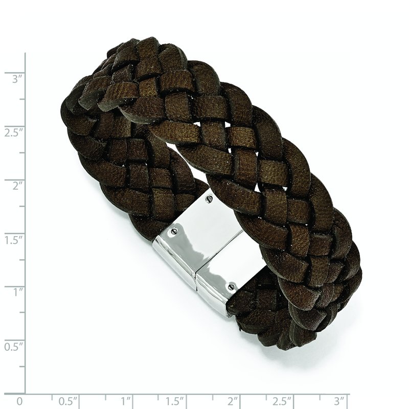 Stainless Steel Polished Brown Braided Leather 8.75 inch Bracelet